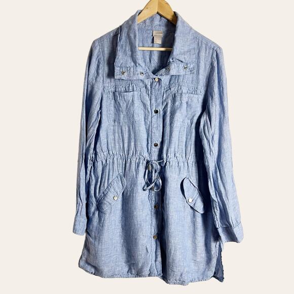 Chico’s Cross Dye Blue Linen Drawstring Utility Jacket Size L - Picture 3 of 11